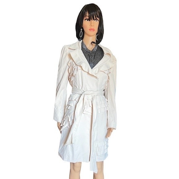 blanc noir Jackets & Blazers - blanc noir Cream Ruffle Trench Coat with belt Size L/XL